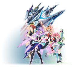 Rule 34 | 10s, 5girls, :d, aircraft, airplane, arm up, armband, arms up, bare arms, breasts, detached collar, detached sleeves, dress, female focus, flying, freyja wion, happy, idol, jumping, kaname buccaneer, long hair, macross, macross delta, majiro (mazurka), makina nakajima, mecha, mikumo guynemer, multiple girls, non-web source, official art, one side up, open mouth, promotional art, reina prowler, robot, science fiction, short hair, simple background, smile, standing, twintails, vest, vf-31, vf-31c, vf-31e, vf-31f, vf-31j, vf-31s, walkure (macross delta)