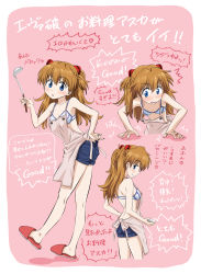 Rule 34 | 1girl, absurdres, apron, artist request, bare shoulders, blue eyes, blush, breasts, brown hair, denim, denim shorts, evangelion: 2.0 you can (not) advance, hair between eyes, hair ornament, highres, interface headset, long hair, looking to the side, multiple views, neon genesis evangelion, rebuild of evangelion, short shorts, shorts, souryuu asuka langley, translation request, upper body, very long hair