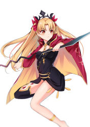 Rule 34 | 1girl, absurdres, asymmetrical legwear, bad id, bad pixiv id, between breasts, black thighhighs, blonde hair, blush, bow, breasts, cape, catnnn, collarbone, commentary request, earrings, ereshkigal (fate), fate/grand order, fate (series), frown, hair ribbon, highres, holding, jewelry, long hair, medium breasts, necklace, parted bangs, red cape, red eyes, red ribbon, ribbon, simple background, skull, solo, thighhighs, tiara, two side up, uneven legwear, white background, yellow cape