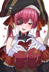 Rule 34 | 1girl, arrow through heart, ascot, bare shoulders, bicorne, black choker, black coat, black hat, blush, breasts, brooch, choker, coat, cropped jacket, eyepatch, frilled choker, frilled shirt collar, frills, hair ribbon, hat, heart, heart hands, heterochromia, highres, hololive, houshou marine, houshou marine (1st costume), jacket, jewelry, large breasts, leotard, leotard under clothes, long hair, looking at viewer, off shoulder, open mouth, pirate hat, red ascot, red eyes, red hair, red jacket, red ribbon, ribbon, see-through, see-through leotard, sleeveless, sleeveless jacket, smile, solo, thighhighs, twintails, virtual youtuber, wabimochi, yellow eyes
