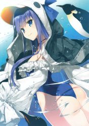 Rule 34 | 1girl, absurdres, air bubble, animal, animal hood, ass, bird, blue eyes, blue hair, blue leotard, breasts, bubble, choker, closed mouth, fate/grand order, fate (series), frills, highres, hood, huge filesize, jacket, leotard, long hair, long sleeves, looking at viewer, meltryllis, meltryllis (fate), meltryllis (swimsuit lancer) (fate), meltryllis (swimsuit lancer) (first ascension) (fate), mitsumi misato, no panties, open clothes, open jacket, penguin, penguin hood, scan, simple background, small breasts, smile, thighs, underwater, water