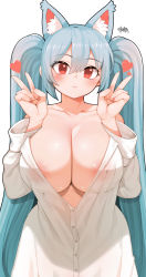 Rule 34 | 1girl, absurdres, animal ear fluff, animal ears, areola slip, artist name, bad id, bad pixiv id, blush, breasts, buttons, cat girl, cat tail, cleavage, closed mouth, collarbone, collared shirt, commentary request, covered erect nipples, double v, dress shirt, fingernails, green hair, hair between eyes, hand up, heart, highres, large breasts, long fingernails, long hair, long sleeves, looking at viewer, nail polish, naked shirt, no bra, original, pink nails, red eyes, secretbusiness, shiny skin, shirt, sidelocks, simple background, smile, solo, standing, tail, twintails, unbuttoned, unbuttoned shirt, v, very long hair, white background, white shirt, wing collar