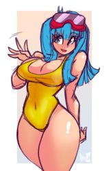 Rule 34 | 1girl, alternate breast size, blue eyes, blue hair, breasts, breasts out, cameltoe, cleavage, cowboy shot, curvy, dragon ball, dragonball z, female focus, highleg, highleg swimsuit, highres, large breasts, long hair, looking at viewer, maron (dragon ball), matching hair/eyes, one-piece swimsuit, open mouth, salute, shiny skin, simple background, smile, swimsuit, wide hips, xpisigma, yellow one-piece swimsuit