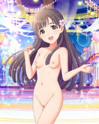 Rule 34 | 1girl, :d, annindoufu (oicon), breasts, casual nudity, cleft of venus, exhibitionism, flower, hair flower, hair ornament, highres, idolmaster, idolmaster cinderella girls, kobayakawa sae, long hair, looking at viewer, medium breasts, nude, nude filter, open mouth, public indecency, pussy, smile, solo, standing, third-party edit, uncensored