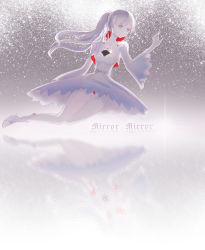 Rule 34 | 1girl, absurdres, blue dress, blue eyes, diela, dress, english text, highres, jewelry, long hair, long sleeves, necklace, ponytail, reflection, rwby, side ponytail, solo, standing, text focus, weiss schnee, white hair