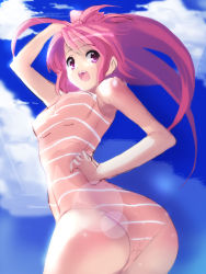 Rule 34 | 1girl, ass, breasts, christinya, cloud, day, female focus, lens flare, long hair, one-piece swimsuit, open mouth, original, outdoors, pink hair, pink one-piece swimsuit, sky, solo, swimsuit