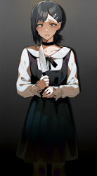 Rule 34 | 1girl, absurdres, black background, black dress, black eyes, blush, bright pupils, chainsaw man, choker, collared dress, dress, gradient background, hair ornament, hairclip, higashiyama kobeni, highres, holding, holding knife, knife, long sleeves, looking at viewer, mole, mole under eye, pantyhose, parted lips, shirt, solo, st (youx1119), upper body, white pupils, white shirt