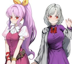 Rule 34 | 2girls, bangle, belt, blush, bow, bowtie, bracelet, braid, breasts, brooch, brown belt, center frills, commentary, cowboy shot, dress, french braid, frills, grey jacket, hair intakes, hair ribbon, hand up, heoningu, highres, jacket, jewelry, kishin sagume, large breasts, long hair, long sleeves, looking to the side, medium breasts, multiple girls, off shoulder, open clothes, open jacket, parted lips, pink dress, pink hair, ponytail, puffy short sleeves, puffy sleeves, purple dress, red bow, red eyes, red neckwear, red ribbon, ribbon, shirt, short hair, short sleeves, sidelocks, silver hair, simple background, touhou, v arms, very long hair, watatsuki no yorihime, white background, white shirt, wrist ribbon, yellow ribbon