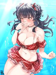 Rule 34 | 1girl, absurdres, air bubble, armpit crease, bare shoulders, bikini, black hair, blunt bangs, blunt ends, blush, bow, breasts, brown eyes, bubble, choker, cleavage, closed mouth, collarbone, commentary, commission, cowboy shot, curvy, endo yohane, eyelashes, floating clothes, floating hair, frilled bikini, frills, hair bow, hair ribbon, halterneck, hand up, heart, heart choker, heart print, highres, holding nose, idolmaster, idolmaster shiny colors, large breasts, lips, long hair, mayuzumi fuyuko, navel, off-shoulder bikini, off shoulder, one eye closed, red bikini, red bow, red ribbon, ribbon, sidelocks, signature, skeb commission, solo, stomach, swimsuit, tsurime, two side up, underwater