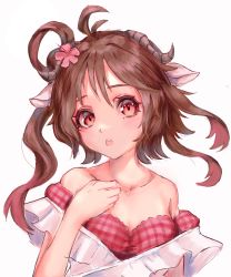 Rule 34 | 1girl, absurdres, antenna hair, arknights, bikini, blush, breasts, brown hair, cleavage, commentary, eyjafjalla (arknights), eyjafjalla (summer flower) (arknights), flower, hair flower, hair ornament, hand on own chest, highres, horns, long hair, looking at viewer, off-shoulder bikini, off shoulder, official alternate costume, open mouth, pink bikini, pink eyes, pink hair, sarong, sheep girl, sheep horns, simple background, small breasts, solo, swimsuit, swimsuit cover-up, upper body, white background, white sarong, yuzusawa oekaki