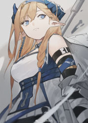 Rule 34 | 1girl, arknights, bare shoulders, blonde hair, blue eyes, blue hairband, breasts, chinese commentary, commentary request, feihuakuaileji, grey background, hairband, highres, horns, large breasts, long hair, looking at viewer, saileach (arknights), solo, upper body