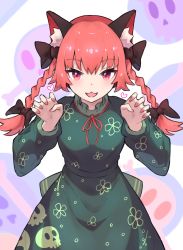 1girl :3 :d animal_ear_fluff braid claw_pose cowboy_shot dress green_dress heart highres kaenbyou_rin light_blush looking_at_viewer memmemme open_mouth red_eyes red_hair simple_background skull_print smile solo touhou twin_braids twintails