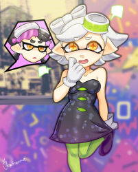 Rule 34 | + +, 2girls, ?, artist name, bare shoulders, black dress, black footwear, black hair, blurry, blurry background, blush, breasts, callie (splatoon), collarbone, cousins, domino mask, dress, embarrassed, female focus, food, food on head, gloves, green legwear, half-closed eyes, hand to own mouth, hand up, have to pee, kakuume, leg up, looking at another, marie (splatoon), mask, medium breasts, mole, mole under eye, multiple girls, nintendo, nose blush, object on head, open mouth, pantyhose, pointy ears, shoes, short dress, short hair, signature, smile, solo focus, speech bubble, splatoon (series), splatoon 1, standing, standing on one leg, strapless, strapless dress, talking, tentacle hair, tentacles, white gloves, white hair, yellow eyes