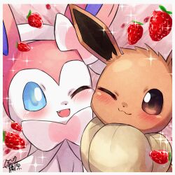 Rule 34 | ;), ;d, blush, border, brown eyes, closed mouth, commentary request, creatures (company), eevee, fang, food, fruit, game freak, gen 1 pokemon, gen 6 pokemon, katsukare, nintendo, no humans, one eye closed, open mouth, pokemon, pokemon (creature), smile, sparkle, strawberry, sylveon