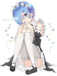 Rule 34 | 10s, 1girl, ass, blue eyes, blue hair, blue nails, blush, breasts, cleavage, detached sleeves, dress, fingernails, fingers together, frilled dress, frilled sleeves, frills, garter straps, hair ornament, hair over one eye, head tilt, highres, kanikou, knees together feet apart, knees up, looking at viewer, maid, maid headdress, mary janes, matching hair/eyes, nail polish, re:zero kara hajimeru isekai seikatsu, rem (re:zero), ribbon-trimmed clothes, ribbon-trimmed legwear, ribbon-trimmed sleeves, ribbon trim, shoes, short hair, sitting, solo, steepled fingers, thighhighs, white background, white thighhighs, x hair ornament