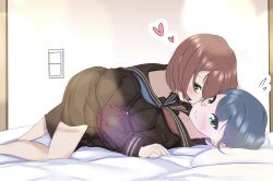 Rule 34 | 2girls, absurdres, blue hair, breast press, breasts, brown hair, face-to-face, girl on top, green eyes, heart, highres, lying, medium breasts, multiple girls, on back, original, school uniform, serafuku, shiralog, symmetrical docking, yuri