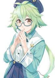 Rule 34 | 1girl, :o, beret, blue-framed eyewear, blue hat, blue jacket, blue skirt, collared shirt, commentary request, genshin impact, glasses, green hair, hands up, hat, jacket, long hair, looking at viewer, low ponytail, miri (ago550421), multicolored hair, open clothes, open jacket, parted lips, pleated skirt, ponytail, semi-rimless eyewear, shirt, simple background, skirt, solo, steepled fingers, streaked hair, sucrose (genshin impact), sucrose (oneplus) (genshin impact), under-rim eyewear, very long hair, white background, white shirt