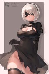 Rule 34 | 1girl, 2b (nier:automata), absurdres, artist name, ass, black dress, black hairband, black headband, black thighhighs, blindfold, bob cut, breasts, cleavage, clothes lift, dress, dress lift, female focus, gluteal fold, groin, hairband, headband, highres, large breasts, lifted by self, nier:automata, nier (series), puffy sleeves, short hair, simple background, skindentation, skirt, skirt lift, solo, solo focus, tagme, thick thighs, thighhighs, thighs, vodeferr, white hair