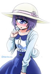 Rule 34 | 1girl, blue eyes, blue skirt, blunt bangs, blush, cardigan, cyclops, flower, hat, hat flower, high-waist skirt, long sleeves, looking at viewer, manako, monster girl, monster musume no iru nichijou, one-eyed, open cardigan, open clothes, parted lips, purple hair, revision, shake-o, short hair, simple background, skirt, solo, sun hat, twitter username, white background