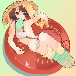 Rule 34 | 1girl, bad deviantart id, bad id, bandaid, bandaid on knee, bandaid on leg, borrowed character, breasts, brown eyes, brown hair, cheese, commission, dripping, fang, fine art parody, food, food on head, hat, highres, in food, inline skates, leg warmers, loli molina, mole, mouth hold, mushroom, no shirt, object on head, olive, original, outstretched hand, oven mitts, oversized object, parody, pepperoni, pizza, reaching, reclining, roller skates, roni rollerblader, short hair, sideboob, skates, small breasts, solo, suspenders, swept bangs, the creation of adam, tomato