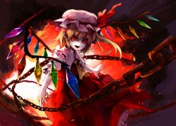 Rule 34 | 1girl, blonde hair, blouse, chain, collared shirt, female focus, flandre scarlet, hair between eyes, hat, mob cap, oburaato, ponytail, red background, red eyes, shirt, short hair, side ponytail, solo, touhou, white hat, white shirt, wings
