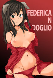 Rule 34 | 1girl, animal ears, bare shoulders, black hair, breasts, brown hair, federica n. doglio, green eyes, groin, kuronyan, long hair, looking at viewer, medium breasts, nipples, no bra, off shoulder, open clothes, open shirt, panties, panty pull, shirt, smile, solo, strike witches, strike witches: kurenai no majo-tachi, underwear, undressing, world witches series