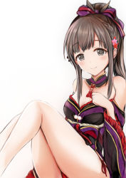 Rule 34 | 1girl, alternate hairstyle, bare legs, bare shoulders, black eyes, blush, braid, breasts, brown hair, cleavage, detached collar, detached sleeves, feet out of frame, hair ornament, hair ribbon, high ponytail, idolmaster, idolmaster cinderella girls, idolmaster cinderella girls starlight stage, japanese clothes, knees up, kobayakawa sae, legs, long hair, looking at viewer, nannacy7, ponytail, ribbon, sidelocks, simple background, small breasts, smile, solo, thighs, white background, wide sleeves