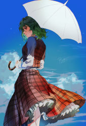 Rule 34 | 1girl, absurdres, aihara-rina, artist name, bird, blue sky, blurry, blurry background, blurry foreground, breasts, chromatic aberration, closed mouth, clothes lift, cloud, collared shirt, cowboy shot, cumulonimbus cloud, dated, day, expressionless, from behind, green hair, hair between eyes, highres, holding, holding umbrella, kazami yuuka, long skirt, long sleeves, looking at viewer, looking to the side, parasol, petticoat, plaid, plaid skirt, plaid vest, red eyes, red skirt, red vest, shirt, short hair, signature, skirt, skirt lift, skirt set, sky, small breasts, solo, standing, thighs, touhou, umbrella, vest, wavy hair, white shirt, wind