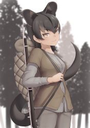 Rule 34 | 1girl, absurdres, alternate costume, animal ears, backpack, bag, black hair, blurry, blurry background, closed mouth, colored inner hair, cowboy shot, day, extra ears, fossa (kemono friends), gun, gun on back, highres, kemono friends, layered sleeves, long sleeves, looking at viewer, medium hair, multicolored hair, outdoors, pants, rifle, shirt, short over long sleeves, short sleeves, smile, solo, tail, tan, visnola, weapon, weapon on back, yellow eyes