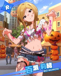 Rule 34 | 10s, 1girl, 4boys, :d, :p, armpit peek, belt, brown hair, character name, cutoffs, fishnet thighhighs, fishnets, glint, halloween, heart, heart-shaped eyes, idolmaster, idolmaster million live!, jack-o&#039;-lantern, licking lips, looking at viewer, momose rio, multiple boys, navel, official art, open mouth, outstretched arms, paint, single thighhigh, smile, thighhighs, tongue, tongue out, torn clothes, torn legwear, zombie, zombie pose