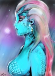 Rule 34 | 1girl, blue eyes, blue lips, blue skin, breasts, colored skin, earrings, fish girl, gills, jewelry, large breasts, lipstick, long hair, makeup, monster girl, nude, original, pink hair, profile, scales, signature, solo, tikantz