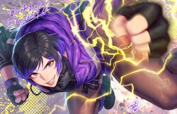 Rule 34 | 1girl, belt collar, black sports bra, choker, collar, colored tips, electric wind god fist, electricity, fujii eishun, grey-tinted eyewear, highres, jacket, multicolored clothes, multicolored hair, multicolored jacket, purple jacket, purple leg warmers, reina (tekken), short hair, smile, sports bra, sports bra over clothes, tekken, tekken 8, torn choker, torn clothes, two-tone jacket