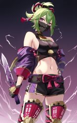 Rule 34 | 1girl, armor, bare shoulders, black shirt, black shorts, black thighhighs, breasts, crop top, cropped jacket, electricity, genshin impact, gloves, green hair, hair between eyes, hair ornament, hand on own hip, high ponytail, highres, jacket, japanese armor, kuki shinobu, long hair, long sleeves, looking at viewer, mask, medium breasts, midriff, mouth mask, navel, ninja mask, off shoulder, open clothes, open jacket, partially fingerless gloves, purple eyes, purple jacket, rope, shirt, short shorts, shorts, sidelocks, sleeveless, sleeveless shirt, solo, stomach, sword, takehana note, thighhighs, thighs, weapon