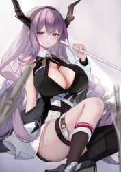 1girl absurdres ahoge arknights bare_shoulders black_footwear black_horns black_shirt black_shorts black_thighhighs breasts cleavage cleavage_cutout clothing_cutout commentary hair_between_eyes highres holding horns kyuu_(q_des9) large_breasts long_hair looking_at_viewer purple_eyes purple_hair revision shirt shorts single_bare_leg single_thighhigh sitting solo thigh_strap thighhighs typhon_(arknights) very_long_hair white_background