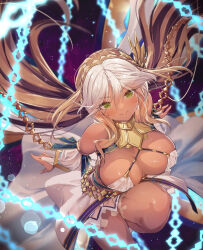 Rule 34 | 1girl, absurdres, andromeda (fate), andromeda (first ascension) (fate), armlet, bare shoulders, belly chain, blonde hair, blush, braid, breasts, chain, cleavage, closed mouth, collar, crown braid, cuffs, dark-skinned female, dark skin, detached sleeves, dress, fate/grand order, fate (series), gold teeth, green eyes, hair ornament, highres, jaws, jewelry, large breasts, long hair, looking at viewer, low twintails, metal collar, multicolored hair, shackles, short dress, sidelocks, smile, solo, thighs, twintails, two-tone hair, ura illust, white dress, white hair