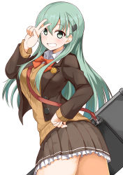 Rule 34 | 1girl, absurdres, aqua eyes, aqua hair, blush, bow, bowtie, breasts, brown jacket, brown skirt, brown sweater, closed mouth, hair between eyes, hair ornament, hairclip, hand on own hip, highres, jacket, kantai collection, large breasts, long hair, looking at viewer, miniskirt, okitsugu, red bow, red bowtie, shirt, simple background, skirt, smile, solo, suzuya (kancolle), sweater, v, white background, white shirt