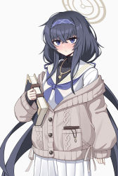 Rule 34 | 1girl, absurdres, black eyes, black hair, blue archive, blue neckerchief, blush, book, brown sweater, closed mouth, gatyo 5, halo, headband, highres, holding, holding book, long hair, long sleeves, looking at viewer, neckerchief, sailor collar, school uniform, shirt, simple background, skirt, solo, sweater, ui (blue archive), white background, white shirt, white skirt