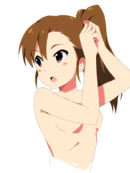 Rule 34 | 1girl, adjusting hair, blush stickers, breasts, brown hair, futami mami, idolmaster, idolmaster (classic), natsunagi takaki, nude, open mouth, side ponytail, simple background, small breasts, solo, white background