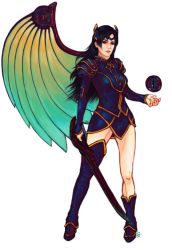 Rule 34 | 1girl, armor, artist request, black hair, breasts, gloves, headgear, long hair, rose (dragoon), solo, source request, sword, the legend of dragoon, weapon, white background, wings