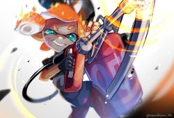 Rule 34 | 1girl, action, baseball cap, bike shorts, black gloves, black hat, black shorts, blue shirt, blunt bangs, blurry, commentary, dark-skinned female, dark skin, fingerless gloves, frown, glaring, gloves, green eyes, grimace, hat, highres, holding, holding weapon, inkling, inkling girl, inkling player character, leaning forward, light particles, looking at viewer, nintendo, nou (nounknown), orange hair, paint splatter, pointy ears, print shirt, shirt, short hair, short sleeves, shorts, solo, sparkle, splatoon (series), splatoon 2, standing, sting ray (splatoon), t-shirt, tentacle hair, twintails, weapon