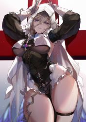 Rule 34 | 1girl, absurdres, aponia (honkai impact), arms up, bdsm, black dress, bondage, bound, breasts, brown hair, cleavage, cross, dress, highres, honkai (series), honkai impact 3rd, long hair, long sleeves, looking at viewer, nun, open mouth, purple eyes, solo, thighs, veil, zomzomzomsauce