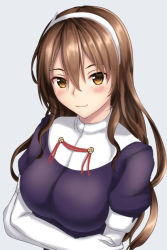 Rule 34 | ashigara (kancolle), bad id, bad pixiv id, blush, breasts, brown eyes, brown hair, crossed arms, elbow gloves, gloves, grey background, hairband, kantai collection, large breasts, looking at viewer, solo, tapisuke