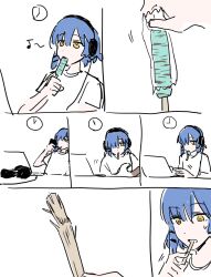 Rule 34 | 1girl, blue hair, bocchi the rock!, clock, food, food in mouth, hair ornament, hairclip, headphones, highres, musical note, nininikal, popsicle, popsicle in mouth, short hair, white background, yamada ryo, yellow eyes
