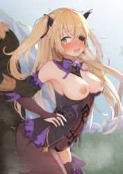 Rule 34 | 1boy, 1girl, ass, blonde hair, blush, breasts, breasts out, bridal gauntlets, commentary request, dark-skinned male, dark skin, detached sleeves, eyepatch, fischl (genshin impact), genshin impact, gloves, green eyes, hair over one eye, hetero, hilichurl (genshin impact), interracial, interspecies, long hair, medium breasts, nipples, revision, sex, solo focus, soso (chlgksk110), standing, standing sex, sweat, thighs, two side up, wavy mouth