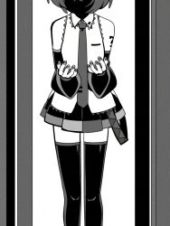 Rule 34 | 1girl, bare shoulders, collared shirt, detached sleeves, feet out of frame, fingernails, glaze artifacts, greyscale, hatsune miku, head out of frame, highres, long sleeves, machigami yoh, miniskirt, monochrome, nail polish, necktie, pleated skirt, shaded face, shirt, short hair, skirt, sleeveless, sleeveless shirt, solo, straight-on, thighhighs, tie clip, vocaloid, zettai ryouiki