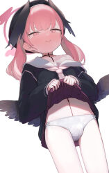 Rule 34 | 1girl, black hat, black shirt, black wings, blue archive, blush, closed mouth, clothes lift, cowboy shot, halo, hat, highres, koharu (blue archive), lifting own clothes, long hair, long sleeves, low wings, navel, panties, pink eyes, pink hair, red skirt, shirt, signalviolet, simple background, skirt, skirt lift, solo, tearing up, twintails, underwear, white background, white panties, winged hat, wings