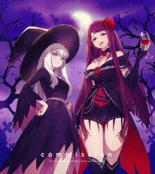 Rule 34 | 2girls, alternate costume, black choker, black gloves, breasts, choker, cleavage, commission, cup, drinking glass, fang, fingerless gloves, fire emblem, fire emblem: three houses, fire emblem engage, fire emblem heroes, fishnet pantyhose, fishnets, flower, gloves, hair flower, hair ornament, halloween, halloween costume, hand on own hip, hat, highres, holding, holding cup, ivy (fire emblem), large breasts, long hair, looking at viewer, lysithea von ordelia, moon, multiple girls, nintendo, pantyhose, purple eyes, purple hair, small breasts, smile, sumustard, thighhighs, vampire, white hair, wine glass, witch, witch hat