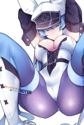 Rule 34 | 1girl, akame ga kill!, animal ears, arms up, artist name, belt, black belt, blue eyes, blue hair, boots, breasts, cameltoe, closed mouth, commentary, elbow gloves, english commentary, esdeath, gloves, hair between eyes, hair intakes, hat, hot vr, knee boots, knees up, large breasts, leotard, long hair, looking at viewer, pantyhose, patreon logo, patreon username, peaked cap, pixiv logo, pixiv username, playboy bunny, rabbit ears, shiny skin, simple background, skindentation, smirk, spread legs, thigh strap, two-tone leotard, white background, white footwear, white leotard