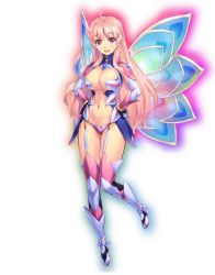 Rule 34 | 1girl, breasts, elbow gloves, fairy, fairy wings, female focus, full body, gloves, hands on own hips, large breasts, long hair, looking at viewer, official art, open mouth, original, pink hair, red eyes, sennen sensou aigis, simple background, smile, solo, thighhighs, transparent background, uchiu kazuma, white background, wings