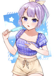 Rule 34 | 1girl, :o, beige shorts, blue eyes, blue hair, blue shirt, breasts, cloud, colored inner hair, crop top, food, hair ribbon, hand on own chest, highres, holding, holding food, juliet sleeves, kawagami raito, light blush, long sleeves, looking at viewer, medium breasts, multicolored hair, nijisanji, nijisanji kr, nun bora, open mouth, ponytail, popsicle, puffy sleeves, purple hair, ribbon, shirt, sky, solo, star (symbol), virtual youtuber, yellow ribbon